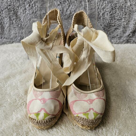 Coach Women Mindy Scribble Print Espadrille Wedge Heels Size 7M Beige Ankle‎ Tie - Picture 2 of 6